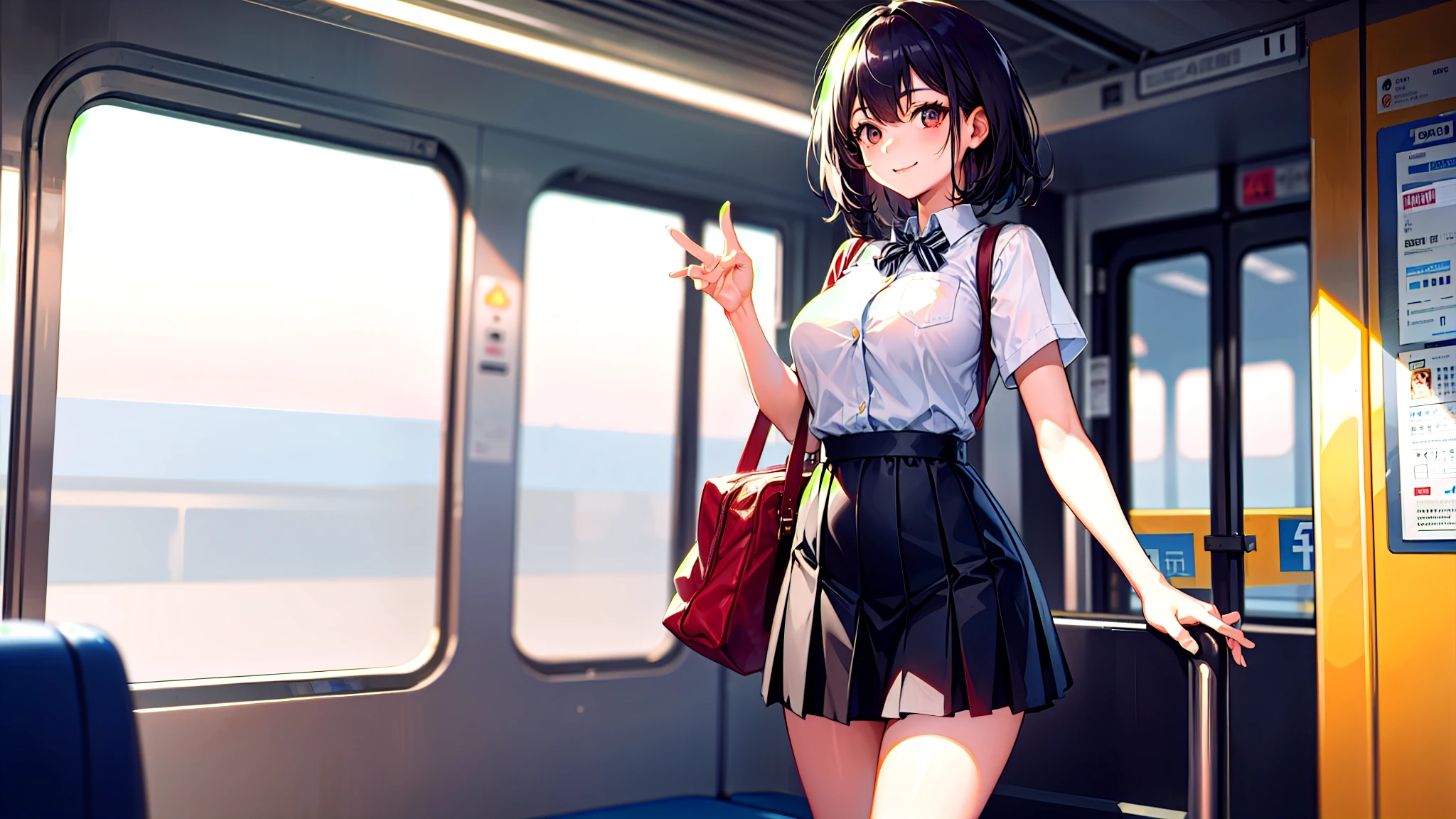 One girl、super quality、A black-haired high school girl smiling as she passes through the train ticket barrier、smile、Nice body、the skirt is short,、Ultra HD、amazing
