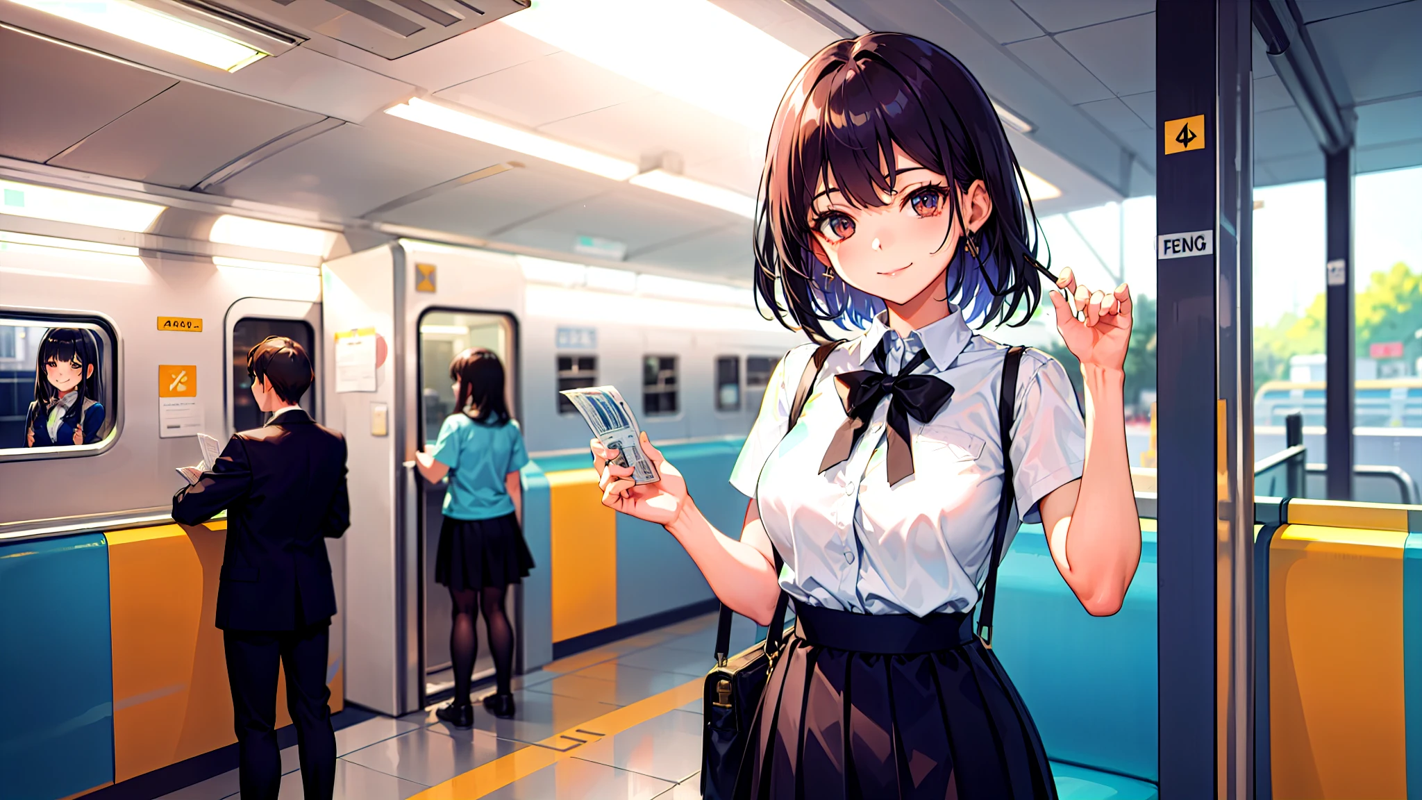 One girl、super quality、A black-haired high school girl smiling as she passes through the train ticket barrier、smile、Nice body、the skirt is short,、Ultra HD、amazing