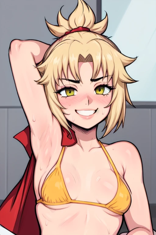 masterpiece, best quality, looking at viewer, upper body, portrait, looking at viewer, seductive smile, put your hands behind your head, armpits, armpits visible, sweaty armpits, mordred, very small breasts, yellow hair, wearing red bikini, 