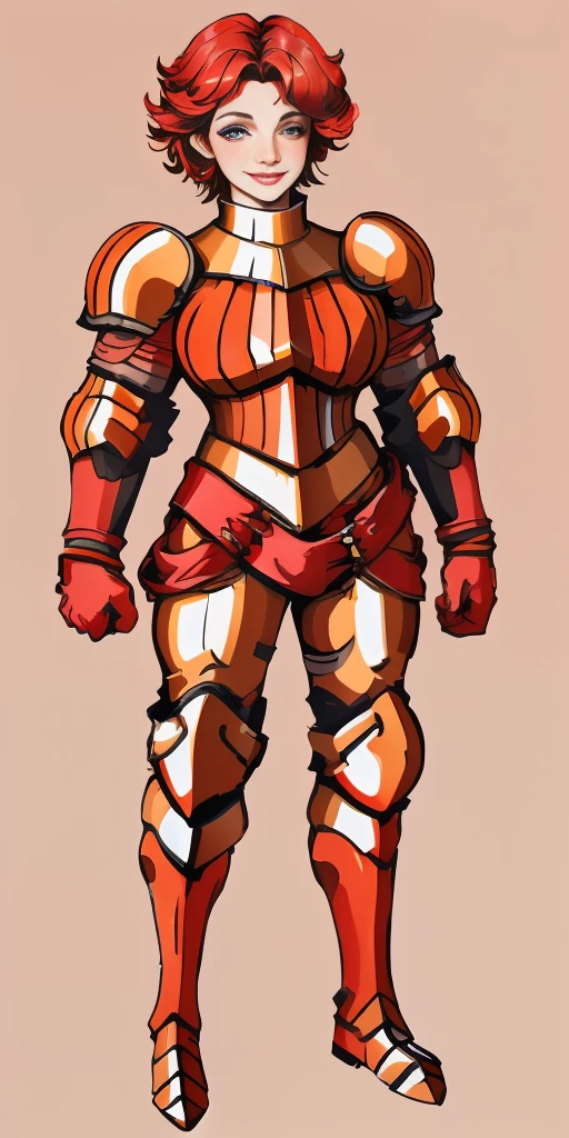 (masterpiece, best quality, 4k, 1girlsolo, 1MILF, mmplatz, smile, red cheeks, plain background:1.2) full body RED armor, view from below, looking to the viewer, arms to the sides empty hands, Female Knight (Final Fantasy Tactics)