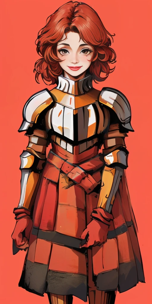 (masterpiece, best quality, 4k, 1girlsolo, 1MILF, mmplatz, smile, red cheeks, plain background:1.2) full body RED armor, view from below, looking to the viewer, arms to the sides empty hands, Female Knight (Final Fantasy Tactics)