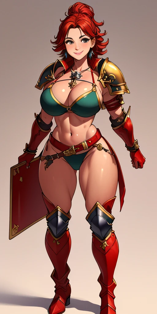 (masterpiece, best quality, 4k, 1girlsolo, 1MILF, mmplatz, smile, red cheeks, plain background:1.2) full body BIKINI RED armor, BIKINI ARMOR, view from below, looking to the viewer, arms to the sides empty hands, RED military boots, silver skull ornament attached to crossing 2 belt wide hips, 2 long legs, Female Knight (Final Fantasy Tactics)