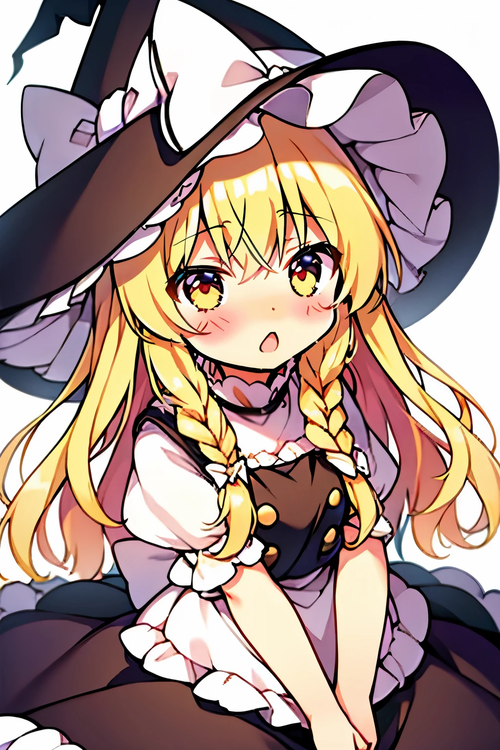 Masterpiece、High Quality、Marisa Kirisame、Blonde、Witch Hat、Yellow Eyes、blush、Open your mouth、White background