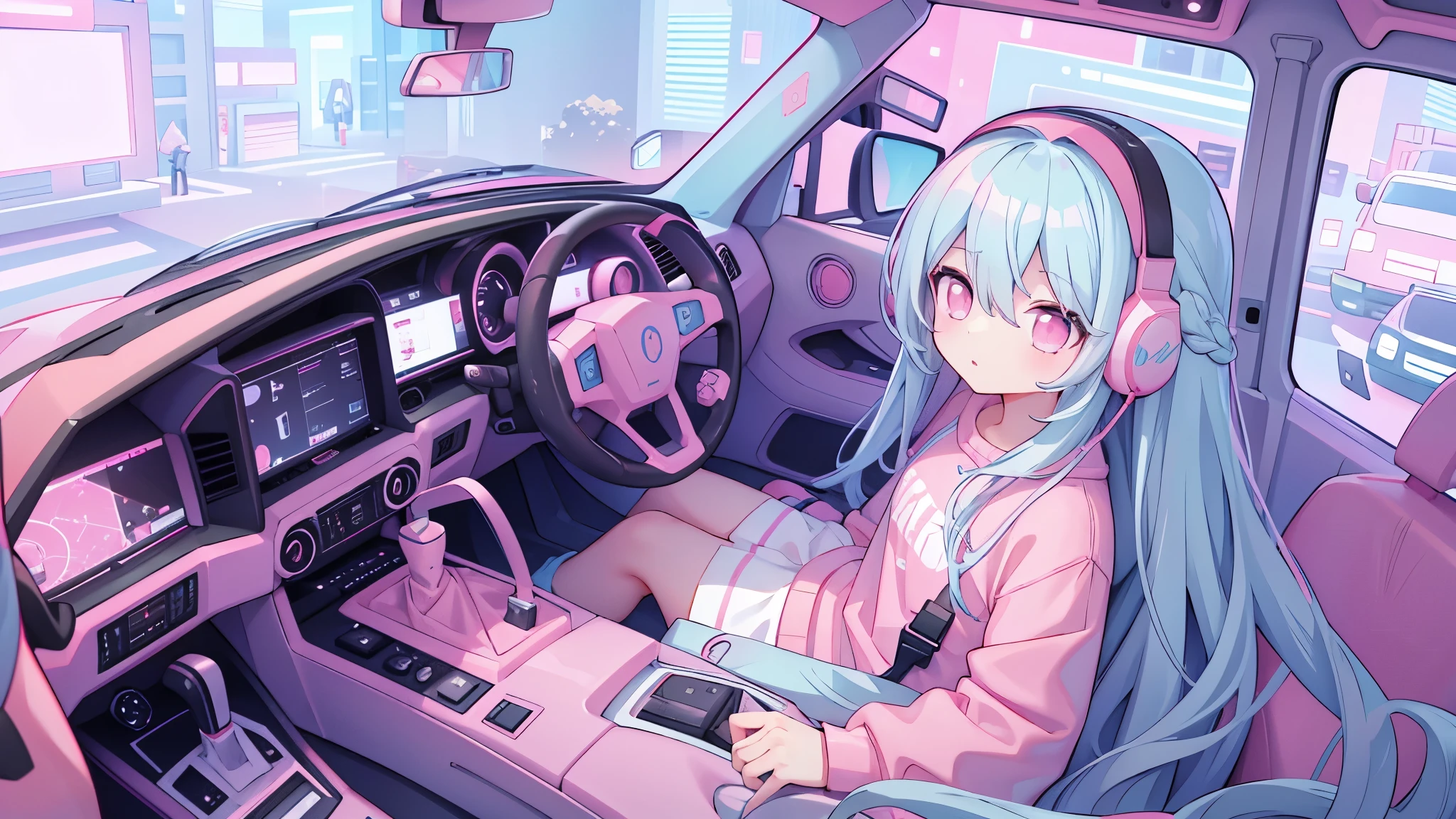 Light blue long hair,Pink and white sweatshirt,Pink Eyes,Black headphones,Inside the car,Cockpit,