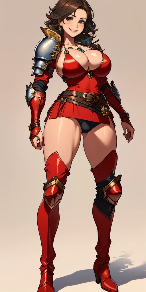 (masterpiece, best quality, 4k, 1girlsolo, 1MILF, mmplatz, smile, red cheeks, plain background:1.2) full body BIKINI RED armor, BIKINI ARMOR, view from below, looking to the viewer, arms to the sides empty hands, RED military boots, silver skull ornament attached to crossing 2 belt wide hips, 2 long legs, Female Knight (Final Fantasy Tactics)
