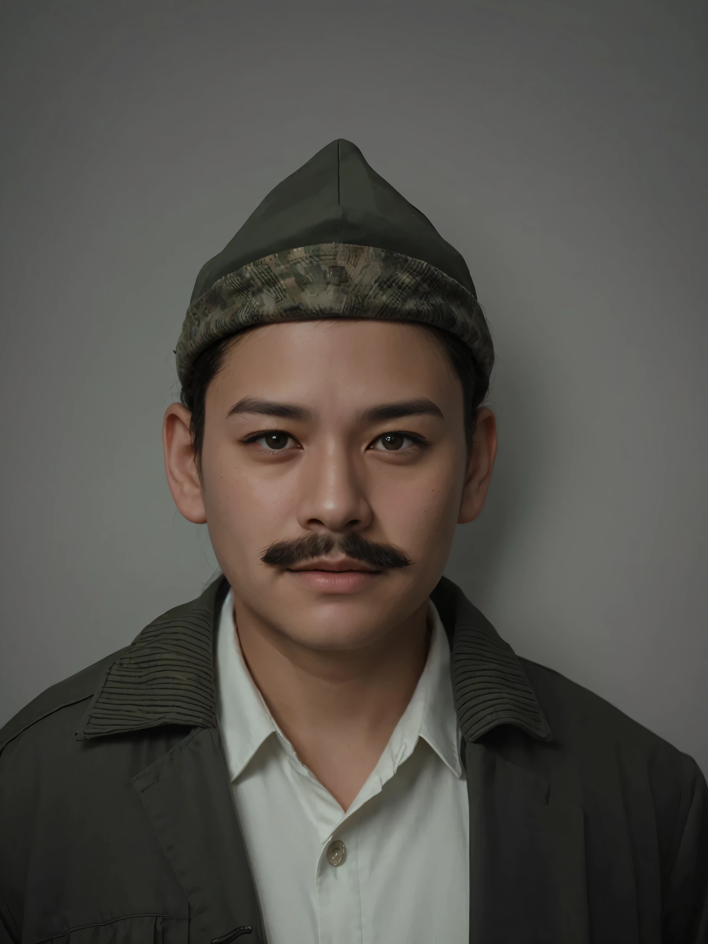 Make this photo look detailed and realistic, arafed man with a mustache and wearing a army clothes, 5 0 years old mas, south east asian with round face, realistic restored face, realistically rendered face, asian human, 2 d render, vietnam war soldier, digital render, rendering of close up portrait, highly detailed vfx portrait of, realistic studio portrait, realistic portrait, realistic portrait photo, detailed potrait, perfected potrait, realistic potrait, very detailed potrait