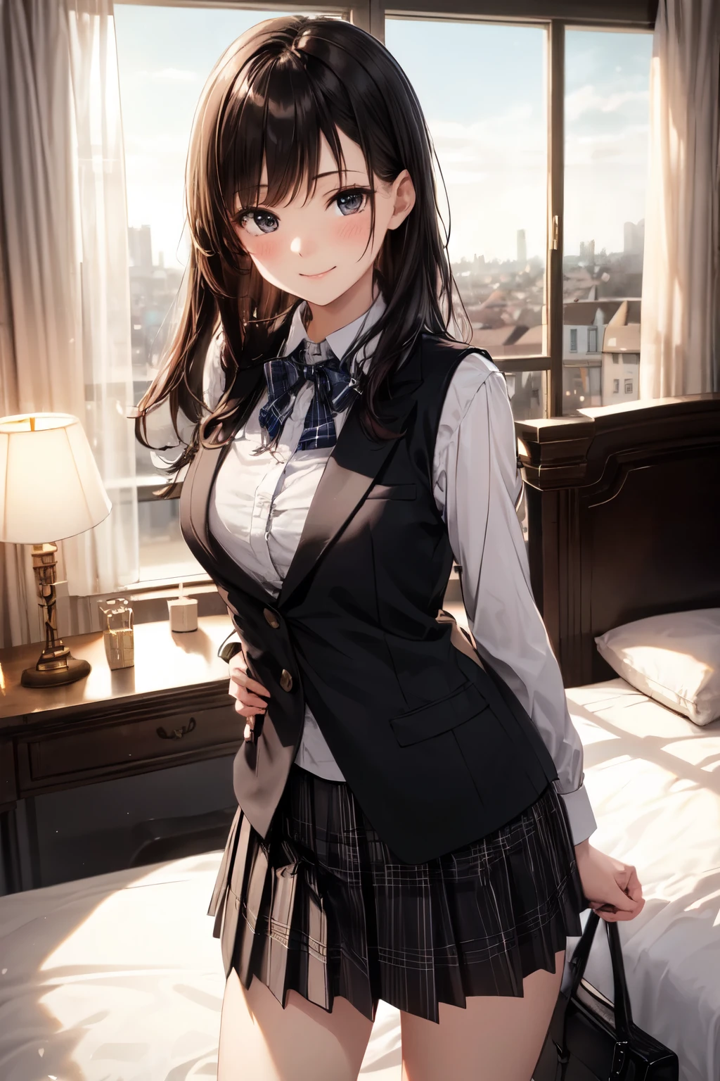 very cute and beautiful girl,(highly detailed beautiful face),
standing near bed sheet,detailed legs,plaid vest,long sleeve white blouse,
looking at viewer,(smile),blush,embarrassed BREAK cosmetic bags and fashion bag lie on bed,
tight pleated black mini skirt,black hair,
antique hotel bedroom,window,distant trees and town,dim light,
(best quality,masterpiece),absurdres,highres,ultra-detailed,extremely detailed,32k,8k resolution,
intricate details,cinematic scene,detailed background,solo,dynamic angle,realistic,