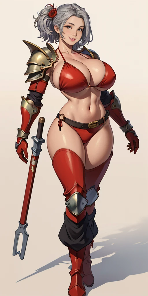 (masterpiece, best quality, 4k, 1girlsolo, 1MILF, mmplatz, smile, red cheeks, plain background:1.2) full body BIKINI RED armor, BIKINI ARMOR, view from below, looking to the viewer, arms to the sides empty hands, RED military boots, silver skull ornament attached to crossing 2 belt wide hips, 2 long legs, Female Knight (Final Fantasy Tactics)