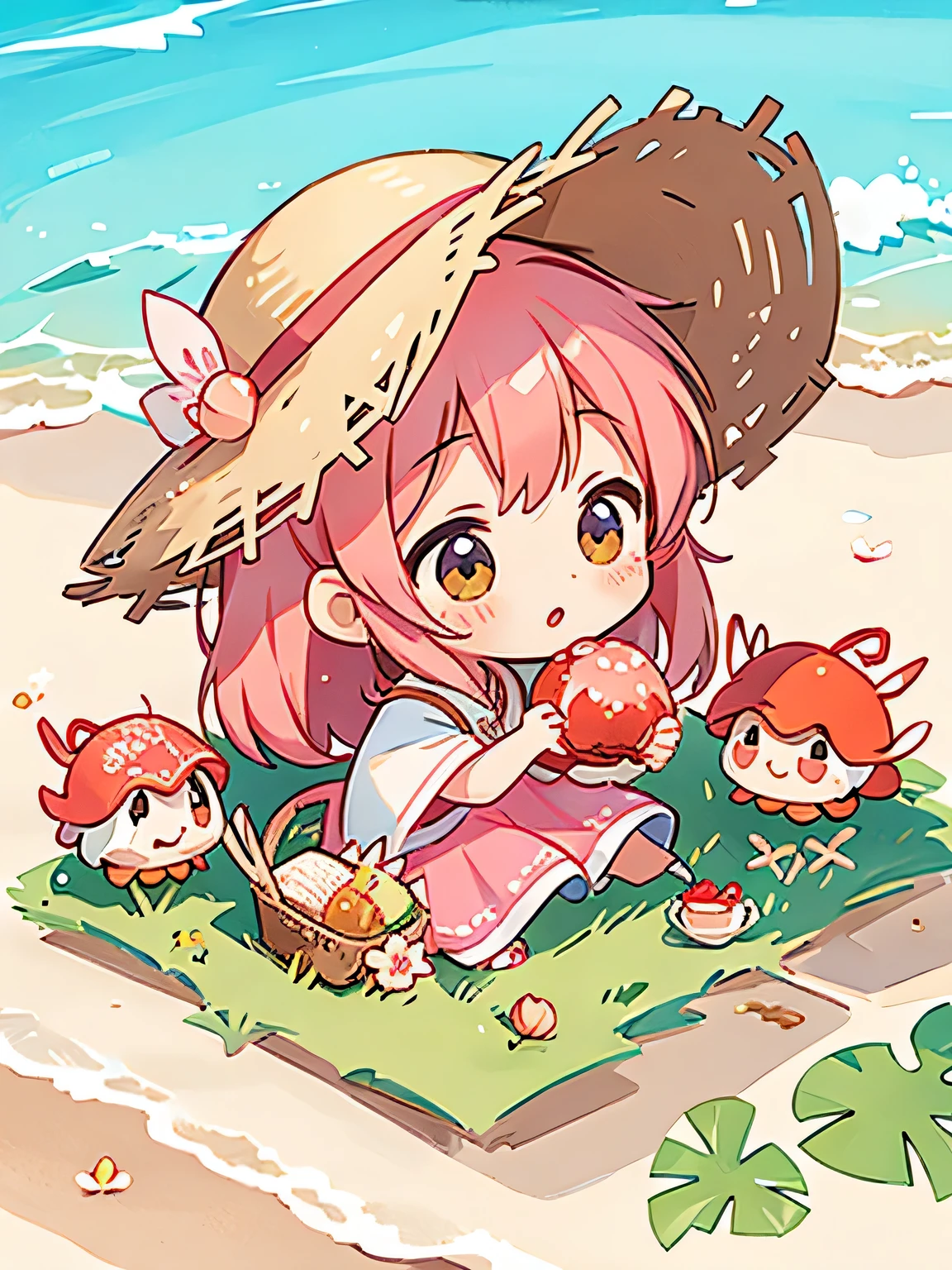 Momoko Sakura Style, Kawaii Design, most beautiful girl ever、Chibi, Straw hat、Lots of friends、birdie、picnic、Summer beach, crab、shell