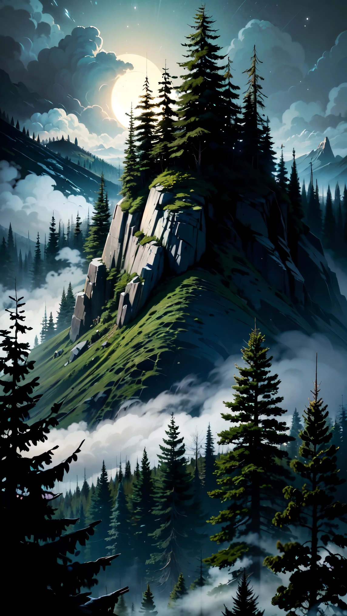 (Masterpiece), (Best Quality), (Super Detailed), (anime style), Dense dark forest, big mountain, mountain forests, coniferous trees, many cobwebs, very dark, dark sky, night, fog, the viewer looks down from behind a branch, little spiders and lots of webs