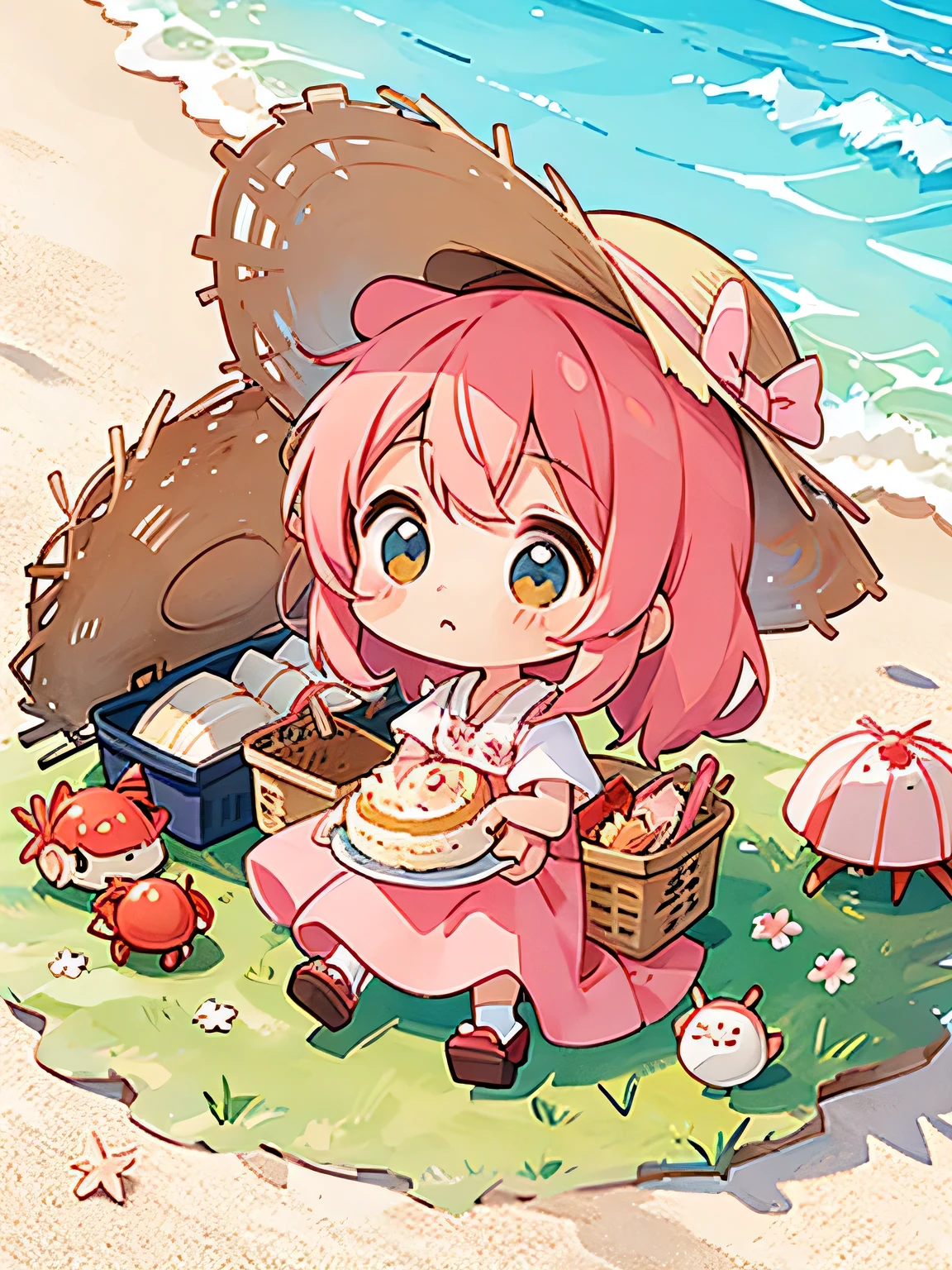 Momoko Sakura Style, Kawaii Design, most beautiful girl ever、Chibi, Straw hat、Lots of friends、birdie、picnic、Summer beach, crab、shell