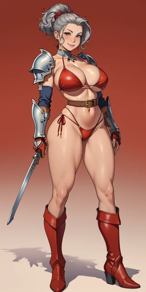 (masterpiece, best quality, 4k, 1girlsolo, 1MILF, mmplatz, smile, red cheeks, plain background:1.2) full body BIKINI RED armor, BIKINI ARMOR, view from below, looking to the viewer, arms to the sides empty hands, RED military boots, silver skull ornament attached to crossing 2 belt wide hips, 2 long legs, Female Knight (Final Fantasy Tactics)