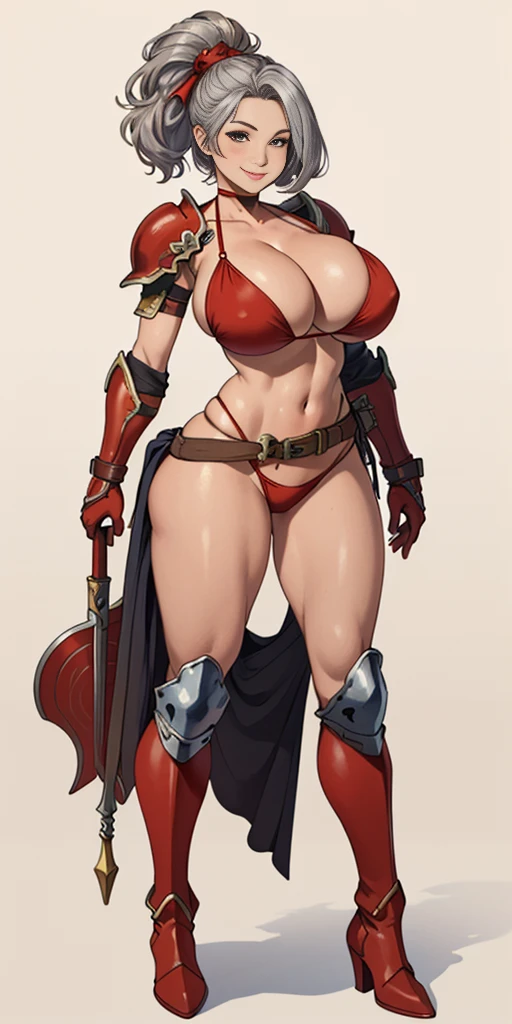 (masterpiece, best quality, 4k, 1girlsolo, 1MILF, mmplatz, smile, red cheeks, plain background:1.2) full body BIKINI RED armor, BIKINI ARMOR, view from below, looking to the viewer, arms to the sides empty hands, RED military boots, silver skull ornament attached to crossing 2 belt wide hips, 2 long legs, Female Knight (Final Fantasy Tactics)