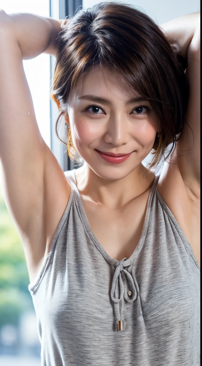 (Ultra HD、Ultra-high resolution、Photorealistic:1.3、8k、Japanese office lady、At work)、Focus on the armpits、Look Viewer、(Extremely realistic skin texture:1.4)、(Realistic:1.3)、short hair、smile:0.6、(Blonde:1.3)、40-year-old woman、ponytail、(Raise one arm to reveal your armpit:1.3)、(Lower face close up:1.15)、(Armpit sweat)