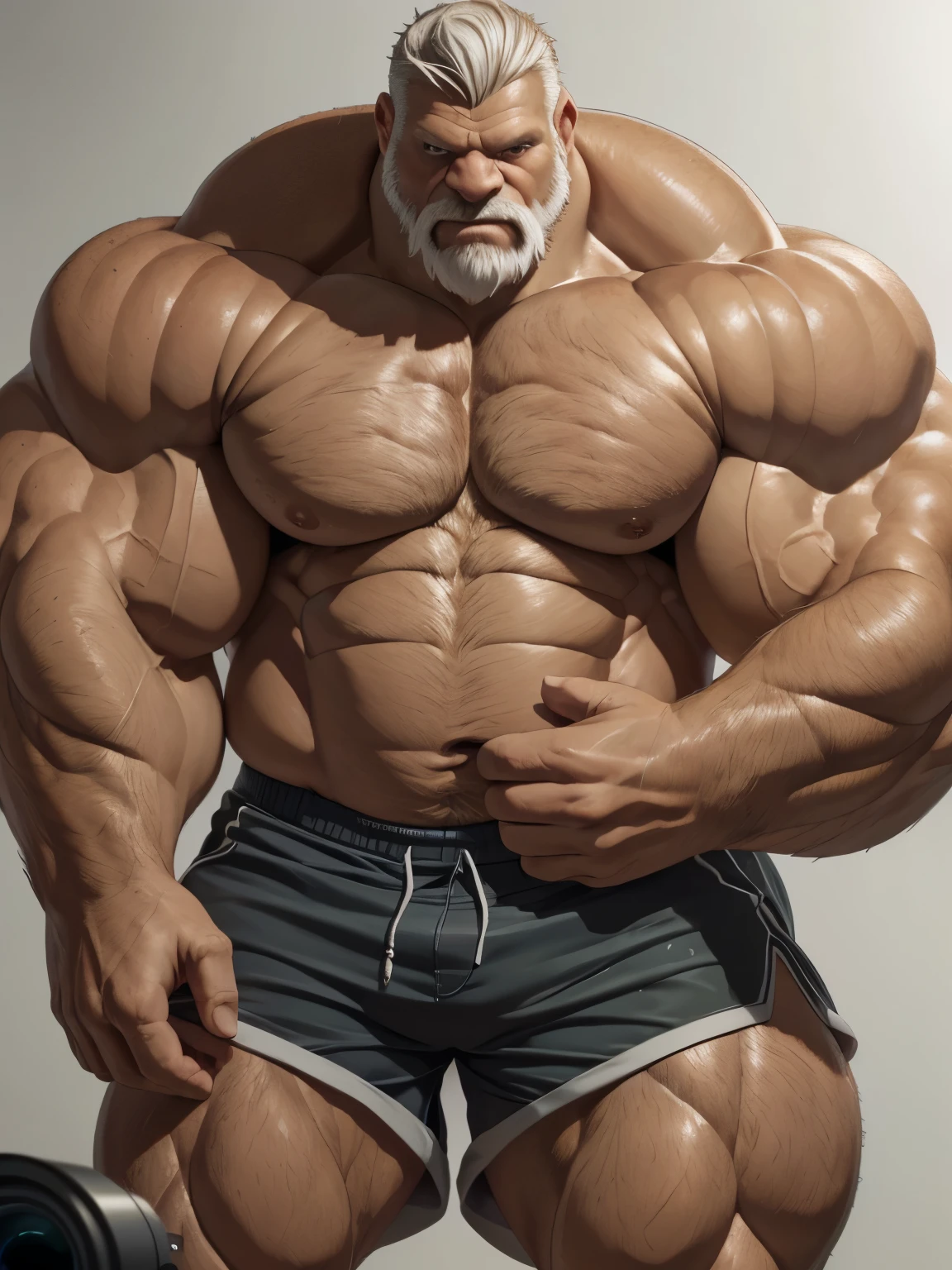 full shots, ground level camera shot, (best quality,4k,8k,highres,masterpiece:1.2),ultra-detailed,(realistic,photorealistic,photo-realistic:1.37),((massive muscular)) ((huge Muscular)) old man standing in photo studio, simple background, shorts , white hair, super thick arms, super big pectoral, super wide pectoral, topless, shirtless.