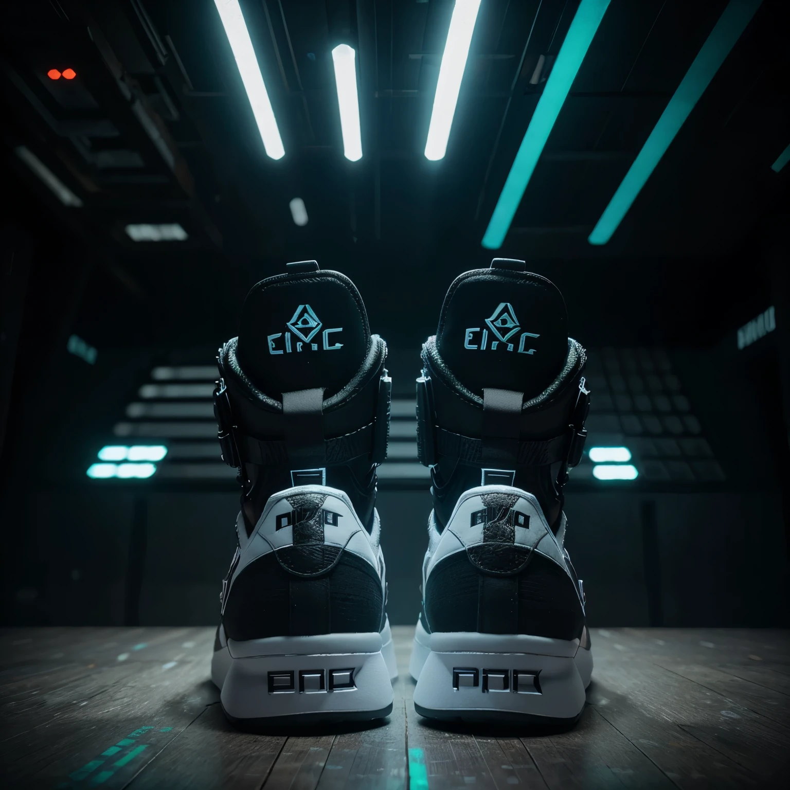product photography of a cybepunk sneaker with a wolf logo, Epic rendering, octano, atmosfera, particles, soft volumetric lights, (retroiluminado:1.3), (cinematic:1.3), detalhes intrincados, (art station:1.3)