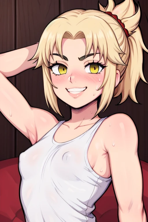 masterpiece, best quality, looking at viewer, upper body, portrait, looking at viewer, seductive smile, put your hands behind your head, armpits, armpits visible, sweaty armpits, mordred, very small breasts, yellow hair, wearing white tanktop, no bra