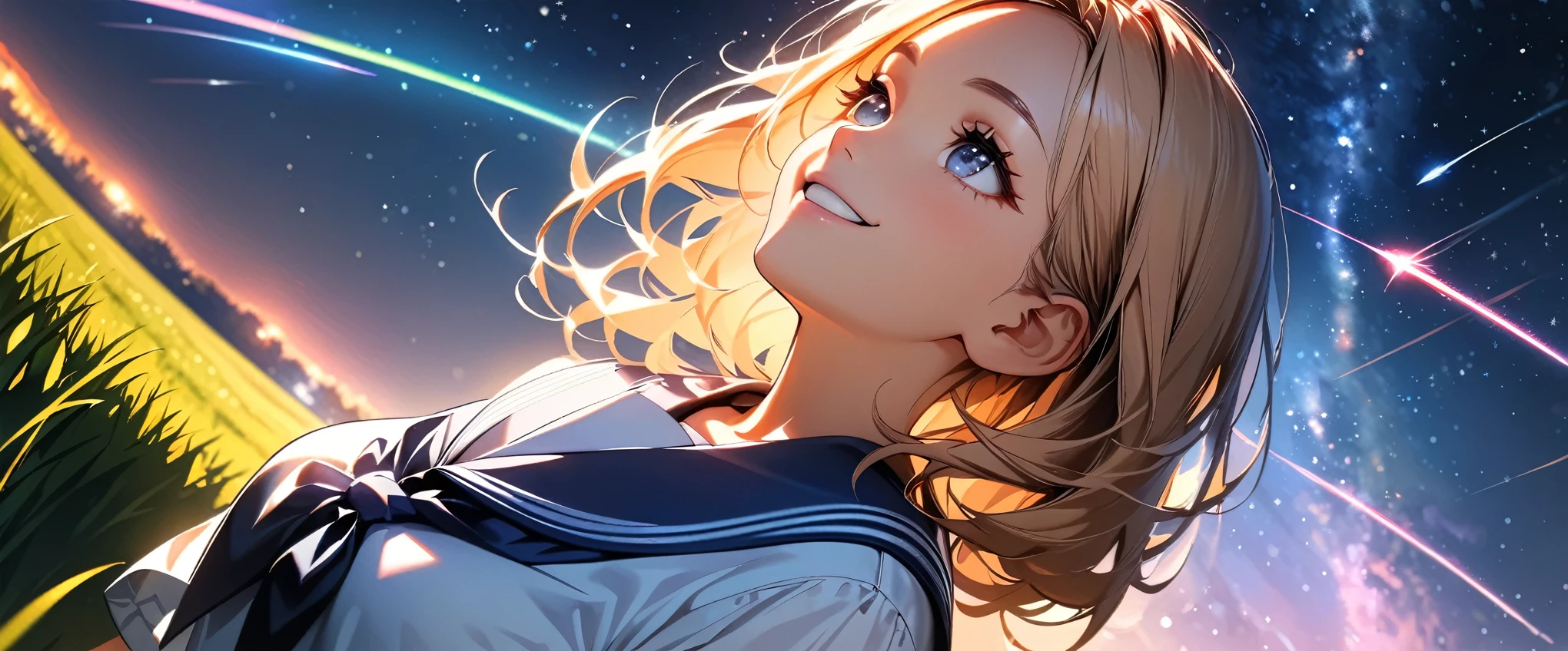 (highest quality:1.2, Very detailed, Latest, Vibrant, Ultra-high resolution, High Contrast, masterpiece:1.2, highest quality, Best aesthetics), (((1 girl))), Beautiful school girl, Sailor suit, smile, Random Action, Looking up pose, Dutch Angle, Face Up Shot, On the grass, (Starry sky background, shooting star, light dances, Late Night), Realistic eyes, Long eyelashes, Focus on face details, A rich expression