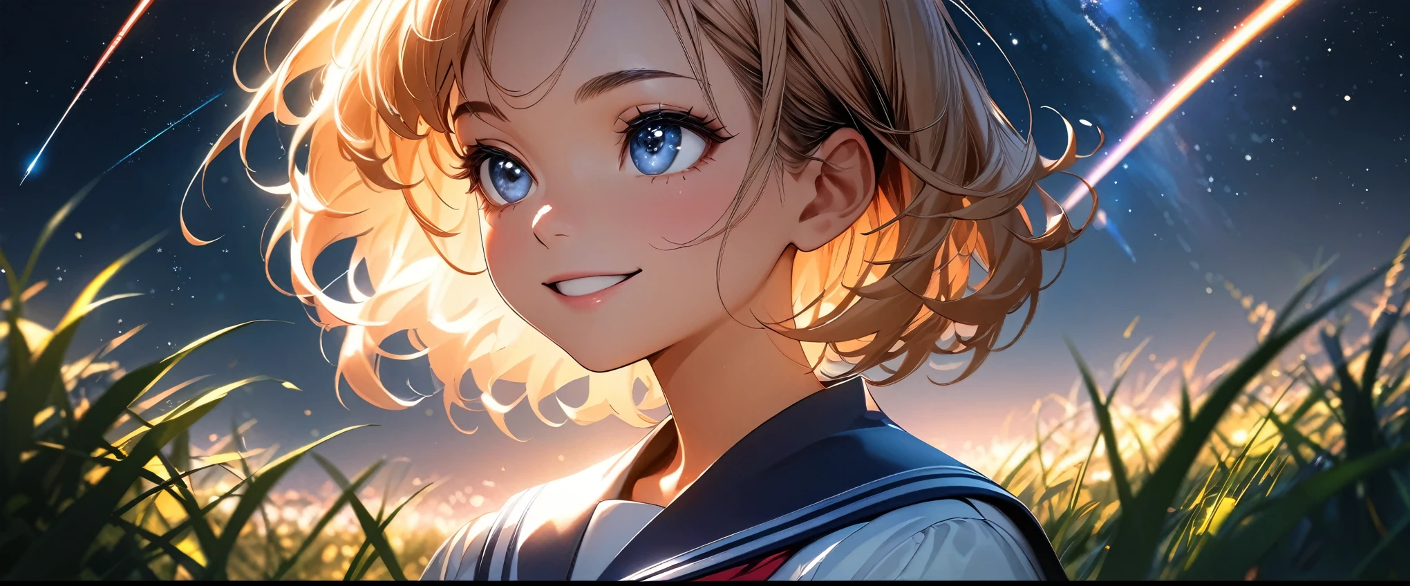 (highest quality:1.2, Very detailed, Latest, Vibrant, Ultra-high resolution, High Contrast, masterpiece:1.2, highest quality, Best aesthetics), (((1 girl))), Beautiful school girl, Sailor suit, smile, Random Action, Looking up pose, Dutch Angle, Face Up Shot, On the grass, (Starry sky background, shooting star, light dances, Late Night), Realistic eyes, Long eyelashes, Focus on face details, A rich expression