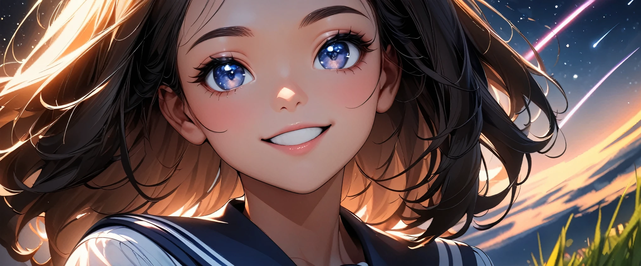 (highest quality:1.2, Very detailed, Latest, Vibrant, Ultra-high resolution, High Contrast, masterpiece:1.2, highest quality, Best aesthetics), (((1 girl))), Beautiful school girl, Sailor suit, smile, Random Action, Looking up pose, Dutch Angle, Face Up Shot, On the grass, (Starry sky background, shooting star, light dances, Late Night), Realistic eyes, Long eyelashes, Focus on face details, A rich expression