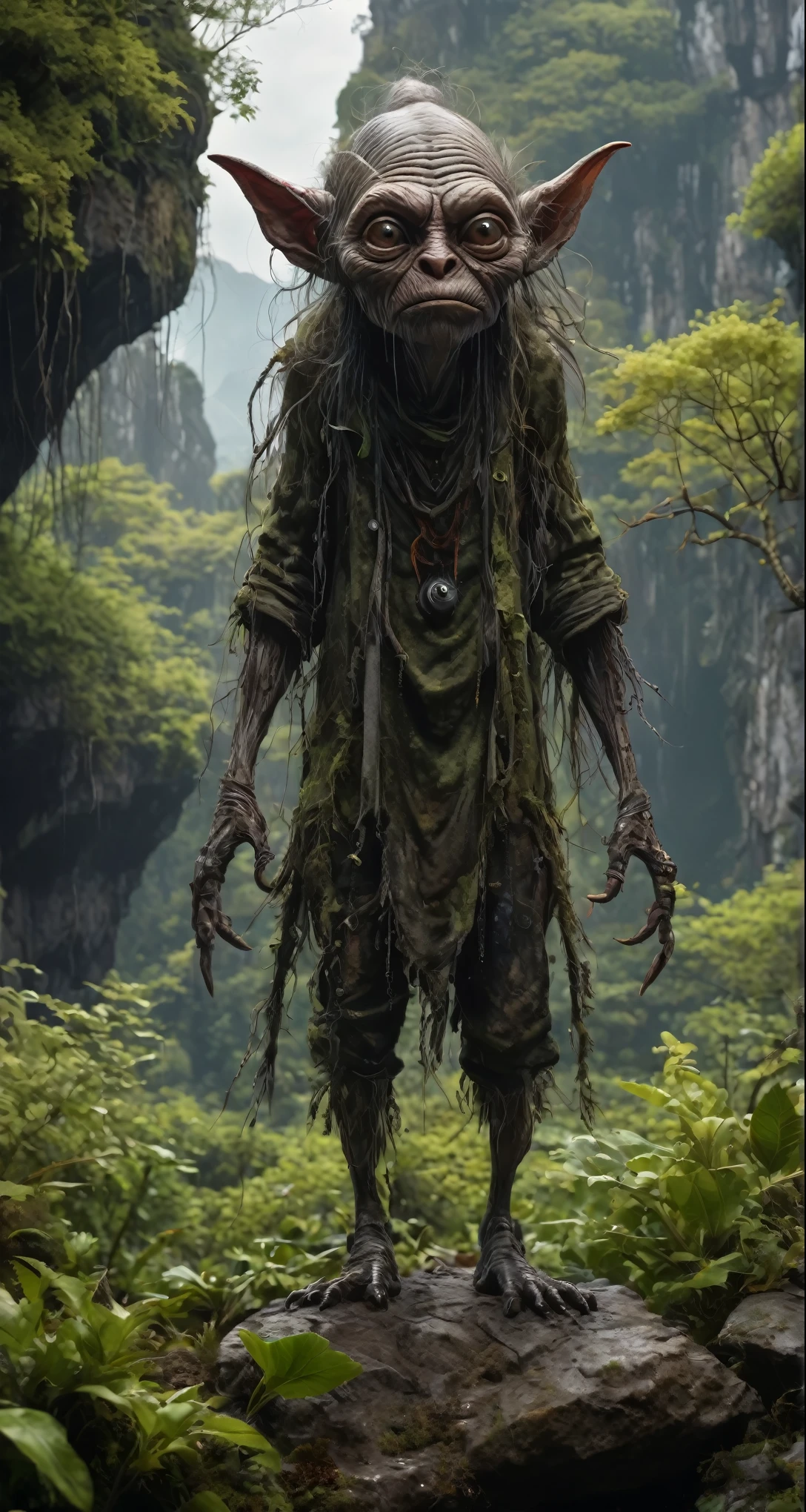 full-body-shot,Very tall , who can't fly,Cinematic, Technicolor,natural skin textures, hyper realisitc, hyper detailed,Extremely detailed,High contrast,Realistic,Chalsedoon goblin, back view,full body length,evil ghost,Hobgoblin,pretty face,intricate details,realistic humid skin,extremely intricate details,anatomically correct, eyes extremely detailed, high detailed eyes,High contrast,Ultra HD,Retina,HDR,photo,photorealism,Masterpiece, natural skin textures, hyper realism,hyper detailed,High contrast,(HDR:1.4),Realism,Ultra Detailed,irina yermolova, close full body shot,16K resolution,RAW, Nikon Z9,Paul Zizka,full body length,niobium goblin,native irish,pretty face,eyebrow up,full body shot,ominous landscape,niobium gray atmosphere,by art Simon Stalenhag,Nicola Samori,(((Wangechi Mutu))),prime colors,urban,extremely detailed,masterpiece,intricate details,faded,eyes extremely detailed, high detailed eyes,4k resolution,islands levitating above ground, Nikon Z9,scary village of stalkers,Stone Forest in Yunnan Province of China