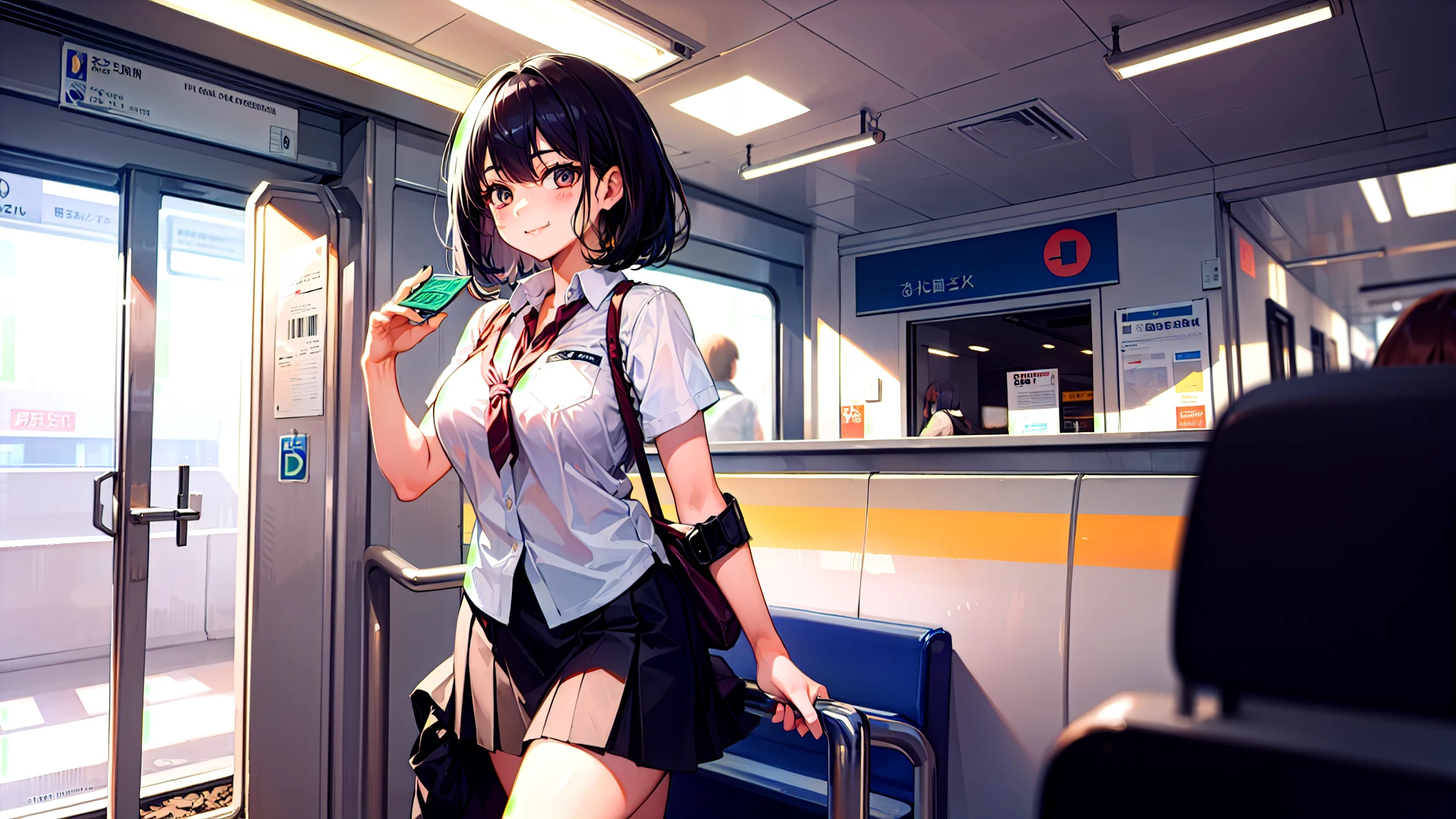 One girl、super quality、A black-haired high school girl smiling as she passes through the train ticket barrier、smile、Nice body、the skirt is short,、Ultra HD、amazing