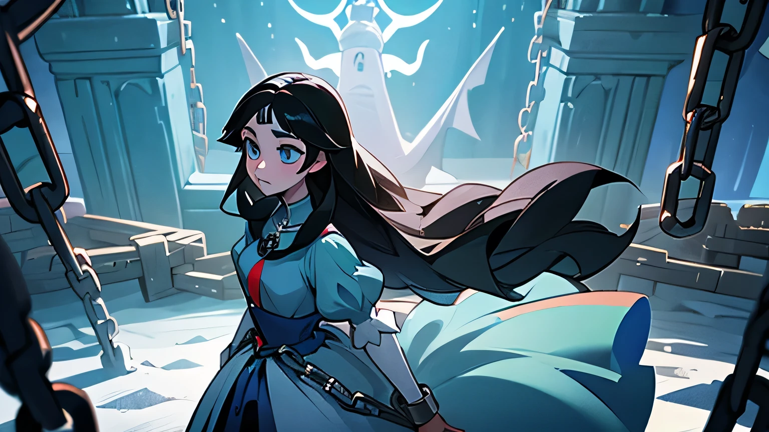 a teen princess with long black hair, sea blue eyes and snow white skin imprisoned in dangerous high tower, held in chains