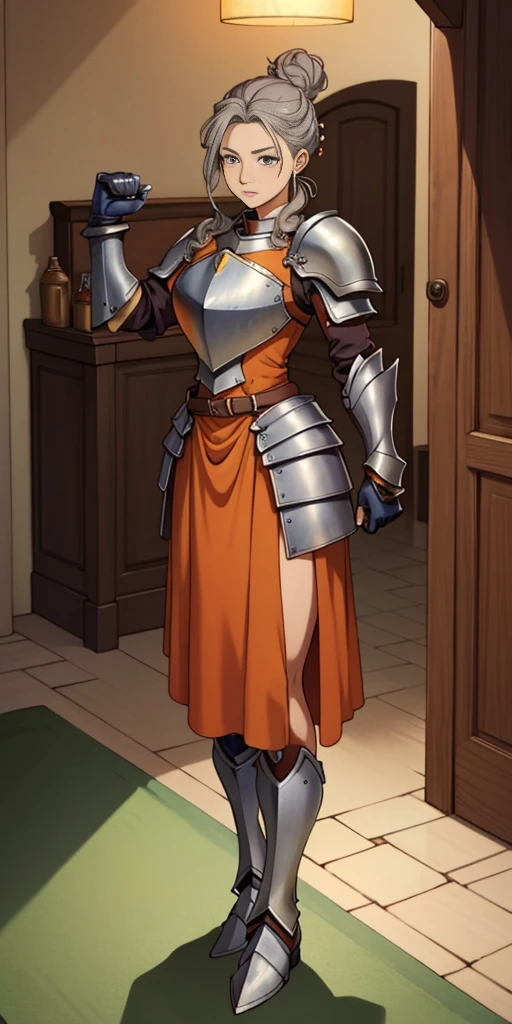 1girl, solo, long hair, grey hair, gray eyes, single hair bun, braid, orange dress, (armor), breastplate, pauldrons, greaves, gauntlets, standing, indoors, castle, full body score_9, score_8_up, score_7_up, score_6_up, score_5_up, score_4_up, BREAK source_anime, masterpiece