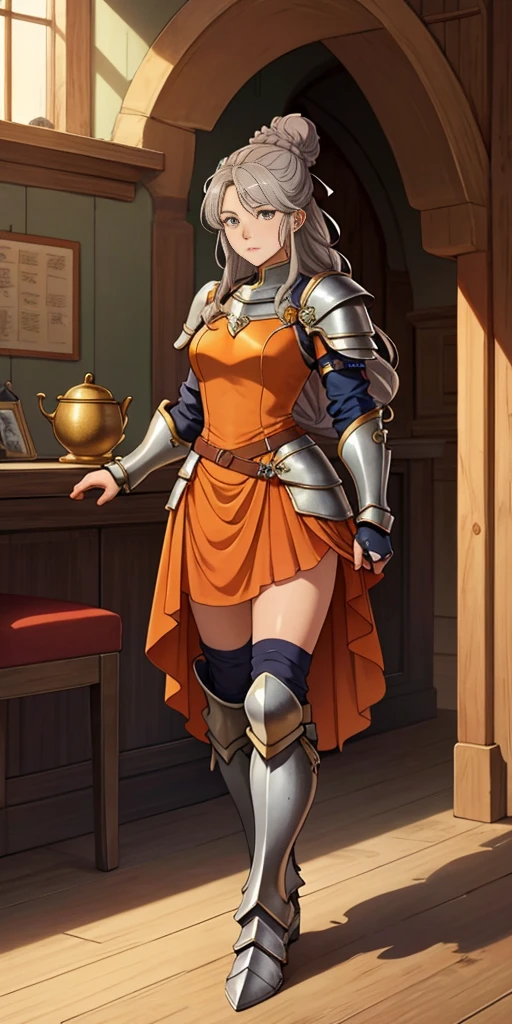 1girl, solo, long hair, grey hair, gray eyes, single hair bun, braid, orange dress, (armor), breastplate, pauldrons, greaves, gauntlets, standing, indoors, castle, full body score_9, score_8_up, score_7_up, score_6_up, score_5_up, score_4_up, BREAK source_anime, masterpiece