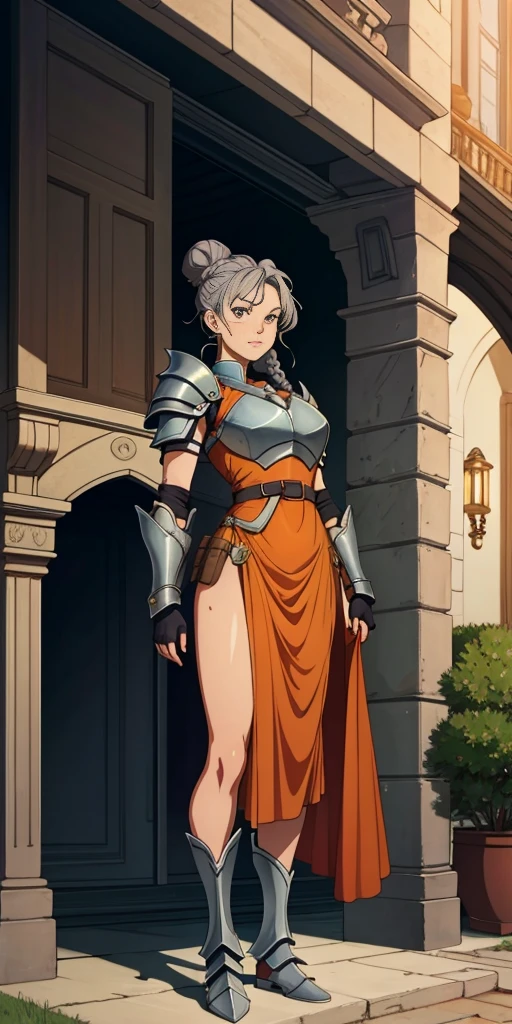 1girl, solo, long hair, grey hair, gray eyes, single hair bun, braid, orange dress, (armor), breastplate, pauldrons, greaves, gauntlets, standing, indoors, castle, full body score_9, score_8_up, score_7_up, score_6_up, score_5_up, score_4_up, BREAK source_anime, masterpiece