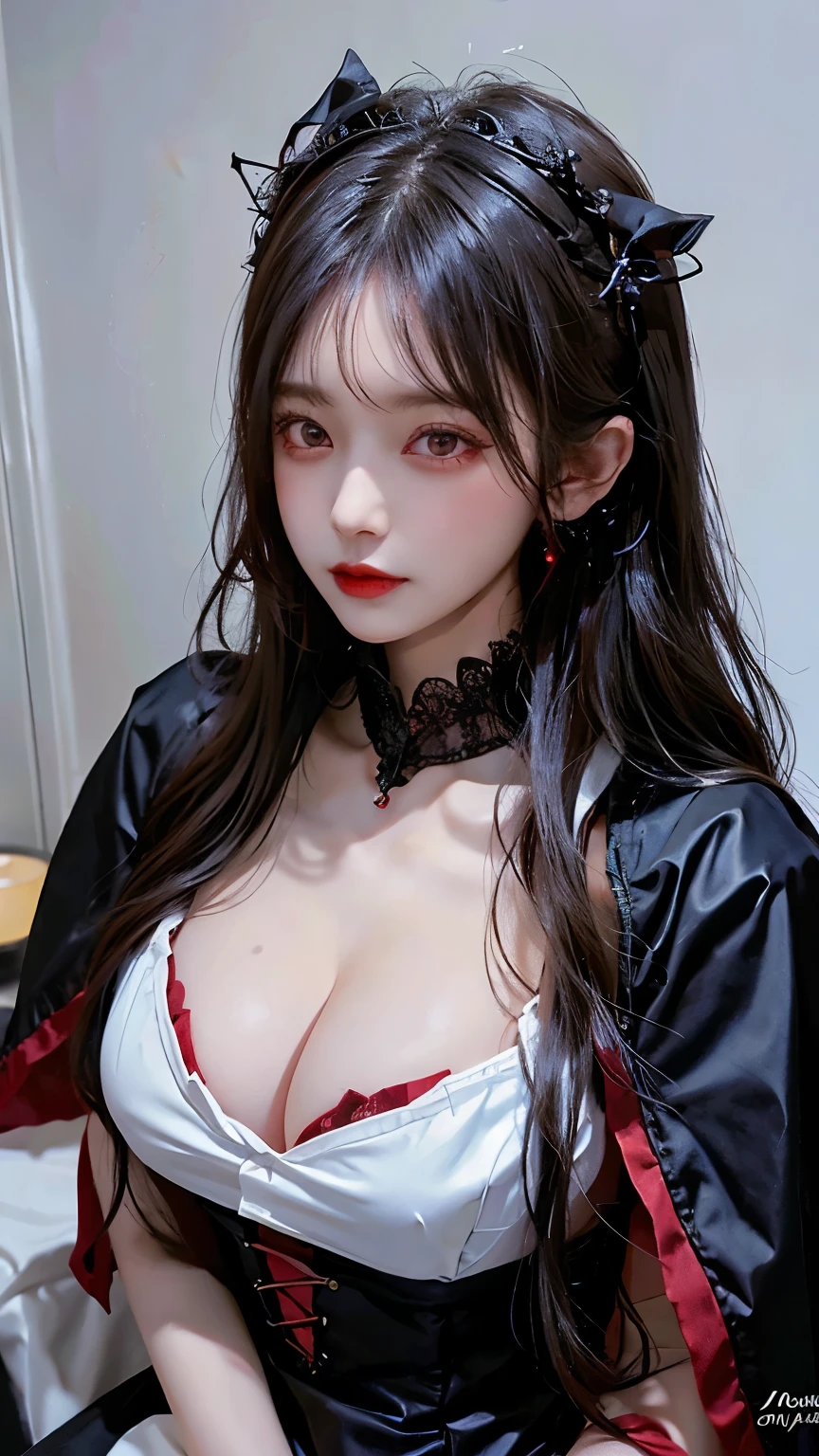 Red Eyes、white hair、Long hair、black hair ornament、Gothic  Fashion、Moderate exposure, Low-cut dress, revealing cleavae saggy breasts