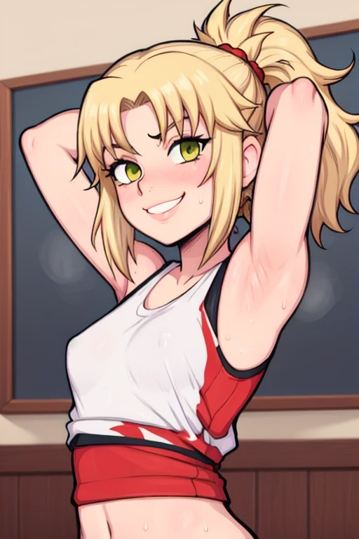 masterpiece, best quality, looking at viewer, upper body, portrait, looking at viewer, seductive smile, put your hands behind your head, armpits, armpits visible, sweaty armpits, mordred, very small breasts, yellow hair, wearing red tanktop, no bra