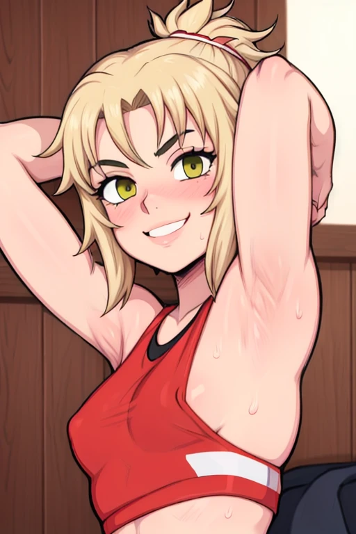 masterpiece, best quality, looking at viewer, upper body, portrait, looking at viewer, seductive smile, put your hands behind your head, armpits, armpits visible, sweaty armpits, mordred, very small breasts, yellow hair, wearing red tanktop, no bra
