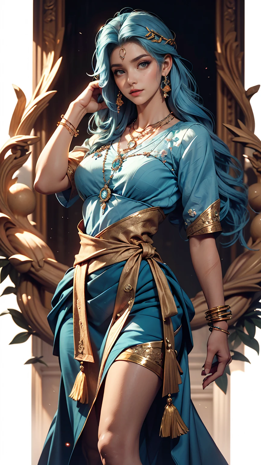 highest quality, Learning, Detailed Hair, High resolution, (((itch))) ,necklace, hair ornaments, (Beautiful Face), Blue clothes, View your viewers, Blue Hair, Are standing, (Above the waist),Medusa