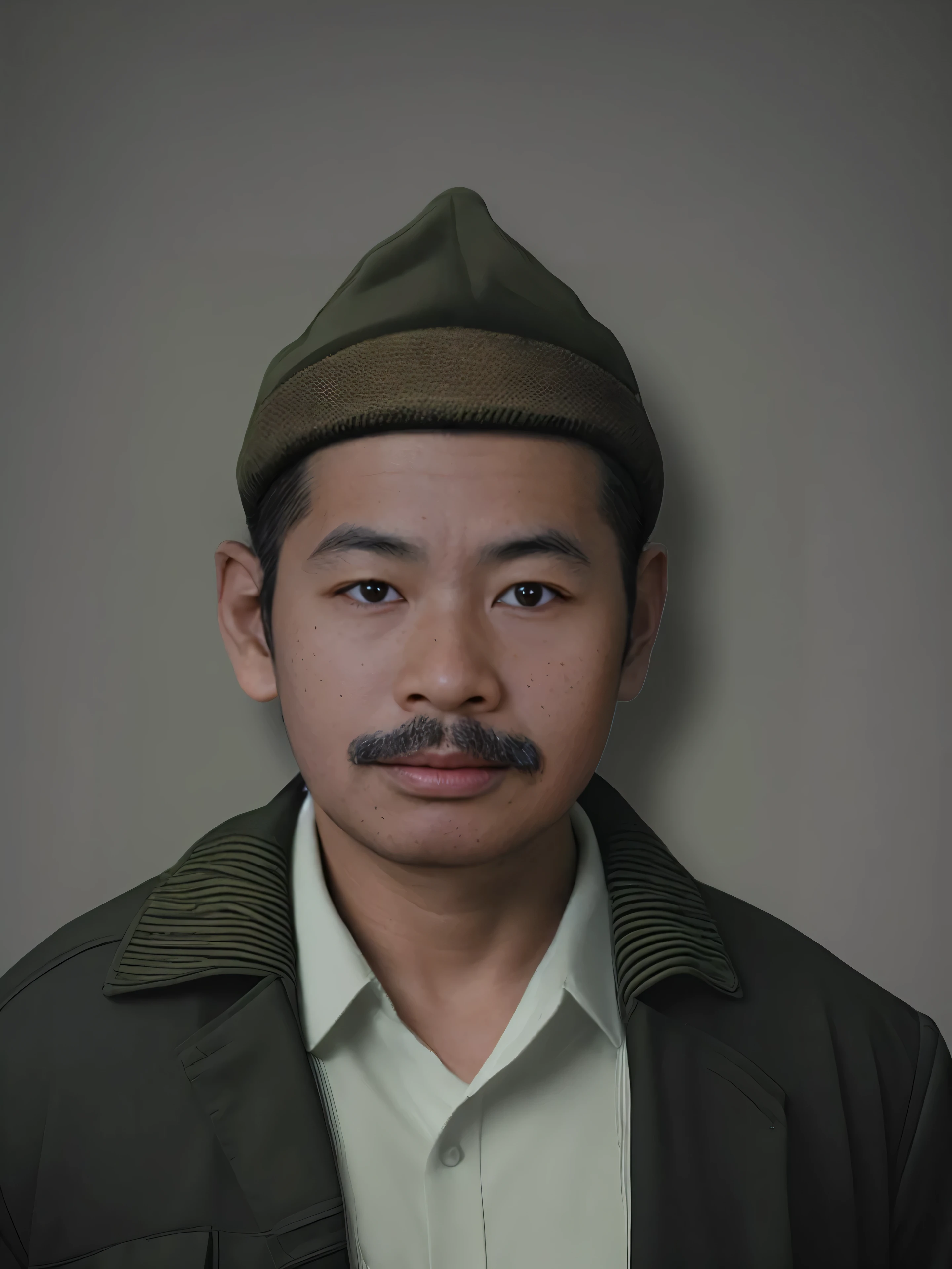 Make this photo look detailed and realistic, arafed man with a mustache and wearing a army clothes, 5 0 years old mas, south east asian with round face, realistic restored face, realistically rendered face, asian human, 2 d render, vietnam war soldier, digital render, rendering of close up portrait, highly detailed vfx portrait of, realistic studio portrait, realistic portrait, realistic portrait photo, detailed potrait, perfected potrait, realistic potrait, very detailed potrait