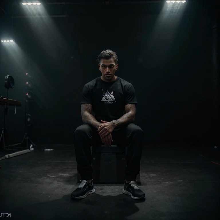 product photography of black sweatpants with the wolf logo.king, Epic rendering, octano, atmosfera, particles, soft volumetric lights, (retroiluminado:1.3), (cinematic:1.3), detalhes intrincados, (art station:1.3)