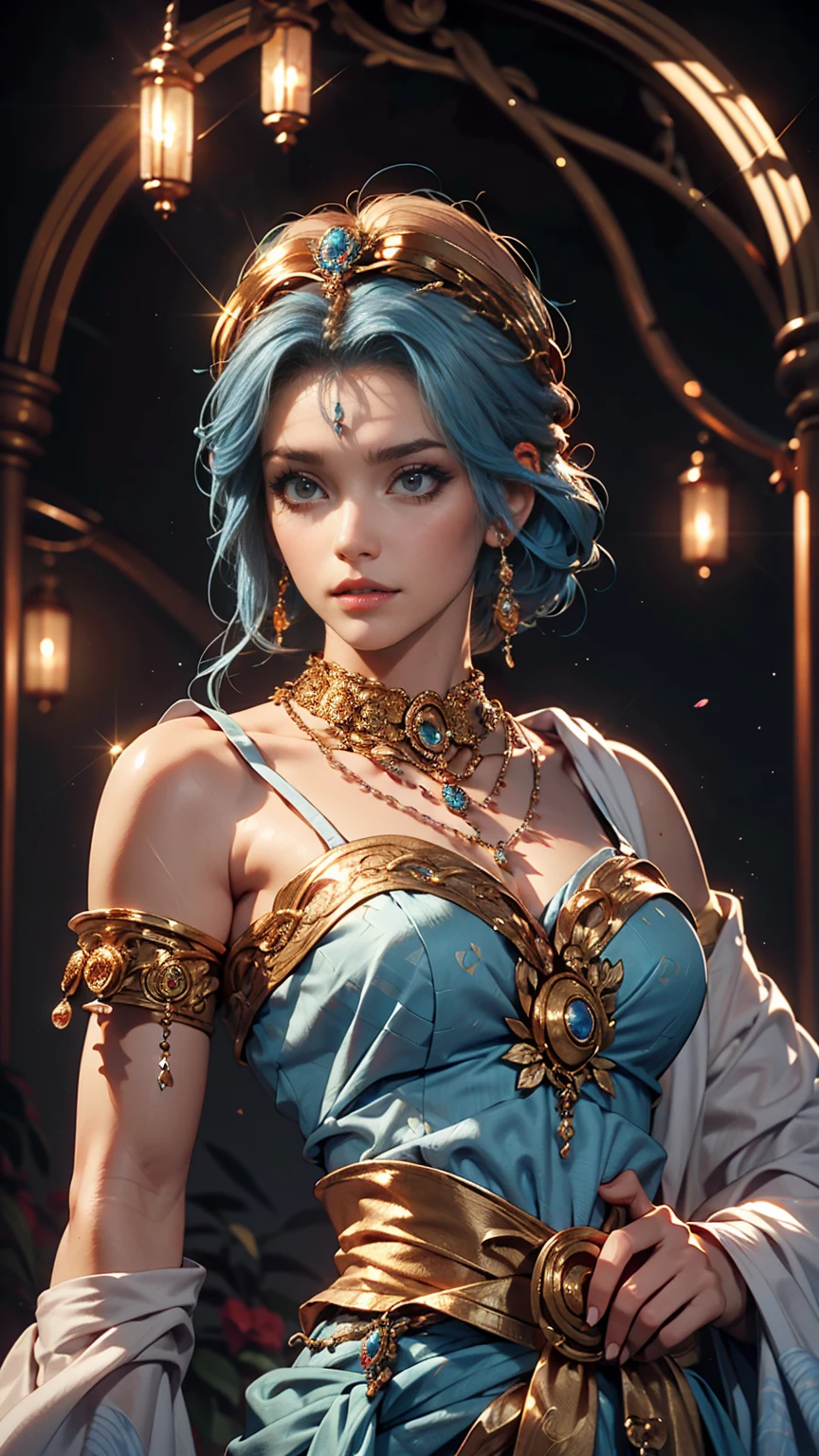 An incredibly beautiful young femme fatale blonde, with blue eyes, she has very long hair gathered in two tails, a bun, a double bun, bangs with a parting, she is a goddess dressed in the clothes of the goddess Selena. He stands in the middle of the room, a lighted Lantern in her hands, a crescent moon flickering on her forehead. Realistic image. Masterpiece, perfect image, realistic photos, full-length image, 8K, detailed image, extremely detailed illustration, a real masterpiece of the highest quality, with careful drawing.