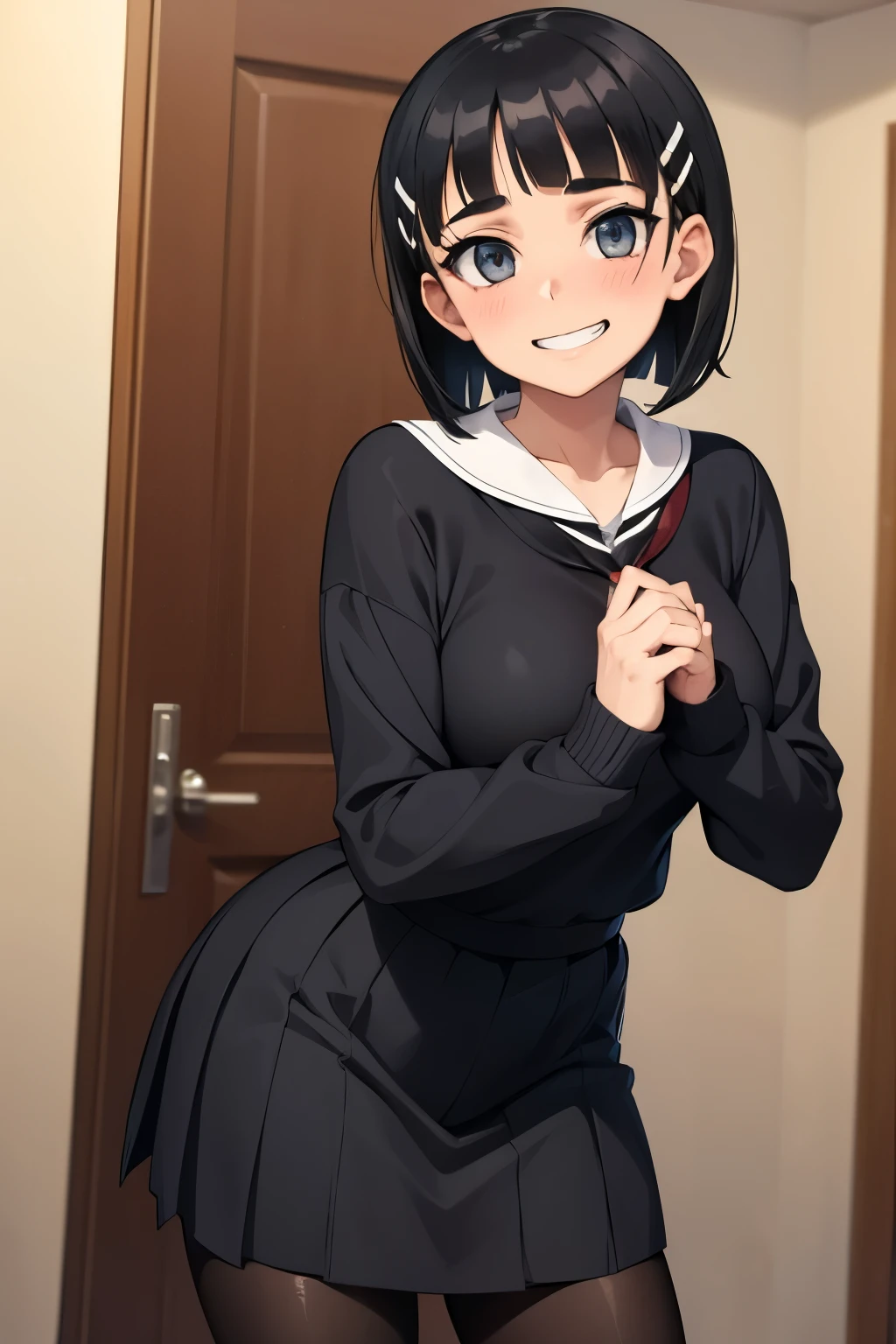 1 hot girl, dark hair, dark grey eyes, grin, gorgeous, kirigaya suguha, short hair, hairclip, sweater dress, school girl, pantyhose