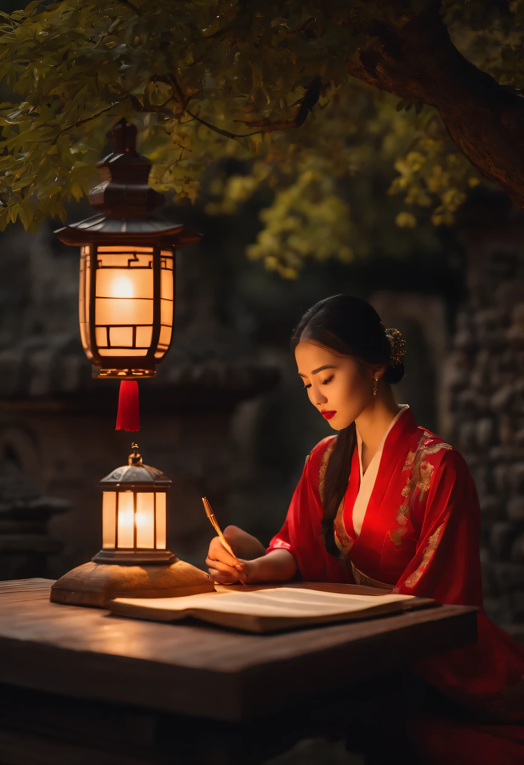 A photo of a beautiful girl in a traditional Chinese dress looking at the ancient Chinese book under the lamp on a low table in the garden surrounded by ancient walls on a peaceful evening,((His right holds a pen and his left hand places it on the table)),((master part)),Realistic,4k,extremamente detalhado,((lindos olhos grandes))