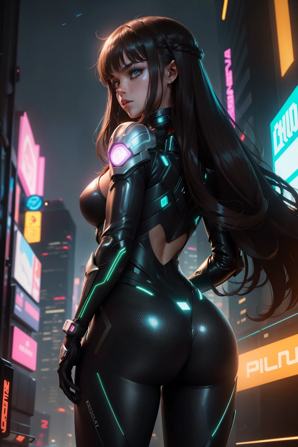 Girl with Long Dark Brown Hair in Futuristic Metallic Suit
Amidst the neon-lit streets of a futuristic metropolis, a striking figure emerges. A girl, clad in a sleek metallic suit, her long dark brown hair cascading down her back in a radiant contrast to the gleaming armor. The suit is adorned with intricate neon accents, highlighting its advanced and futuristic design. In her hands, she grasps an energy weapon, pulsating with brilliant light. The energy crackles and sparks, illuminating her determined face, as she stands ready to face whatever challenges the future holds.