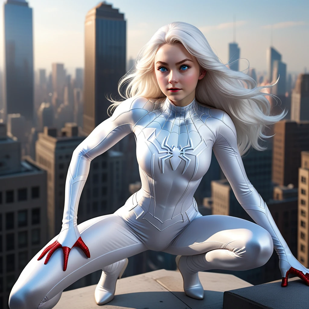 (masterpiece, 4K resolution, Ultra-realistic, Very detailed), (White costume superhero theme, Charismatic, Girl on top of the city, Wearing a white Spiderman costume, Super Heroine), [((23 years old), (Long white hair:1.2), whole body, (blue eyes:1.2), (Spiderman&#39;s Dynamic Pose) ((shortage々New urban environment):0.8)| (Cityscape, at night, Dynamic Light), (full moon))]