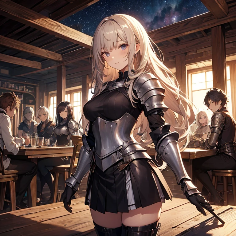A group of young female knight, (in tavern), various hair styles, harem, wearing armored clothes, metal armor, night, details face, , short skirt, seducing, sword, sleeveless , night, starry night