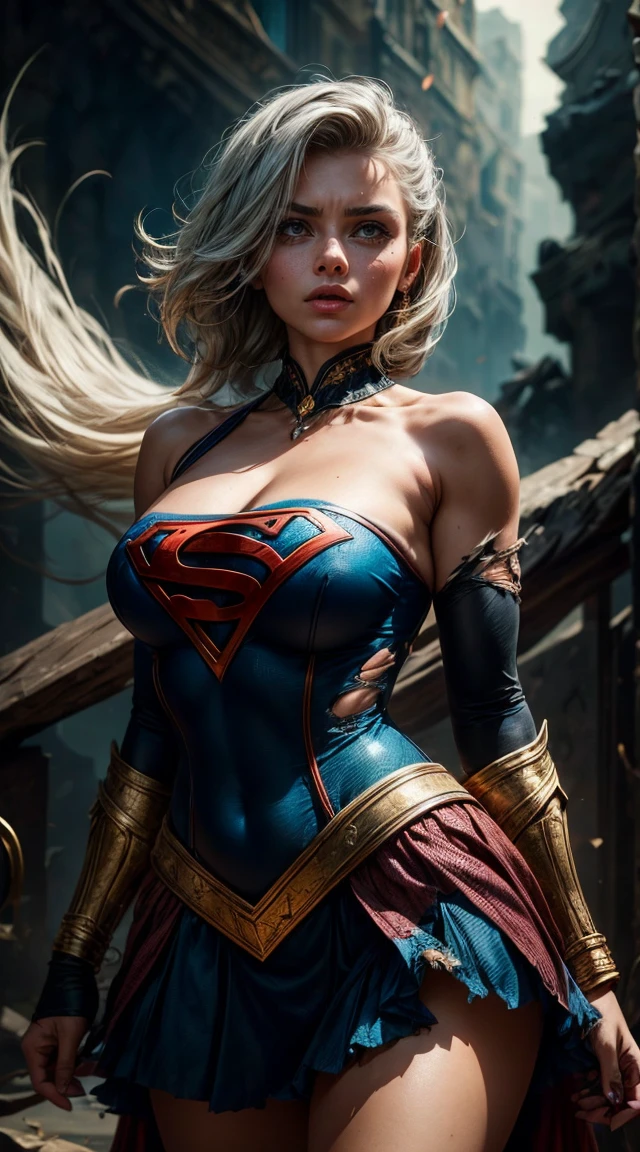 The character Supergirl, perfect blue and red costume with the traditional "S" in the chest, red cape, shiny little blue eyes, extremely beautiful blond hair, beautiful smile , perfect anatomy and extremely beautiful face, hyperrealistic face