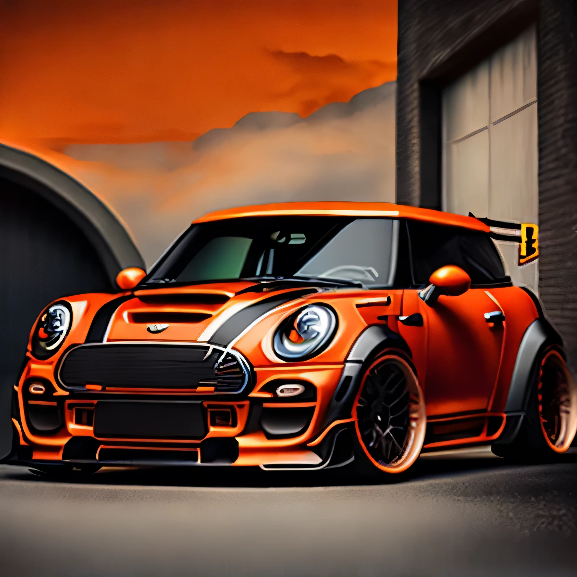 Artwork for t-shirt graphic design, bright orange coloured F56 Mini Cooper S in tunnel design, ((carbon fibre, Liberty walk ultra wide body kit)), aggressive stance ((background: racetrack, outside old industrial style building, large windows in background, overcast sky, heavy industrial look, cobble stone street)), 8K quality, realistic, realism, sharp, detailed, ultrawide, black and carbon fibre and deep candy orange colour scheme, front profile, epic stance, epic ultra wide body kit, super low stance, aggressive looks , street, background vintage pastel tone, highly detailed clean, vector image, realistic masterpiece, professional photography, realistic car, car sunrise background, flat black background, isometric, vibrant vector