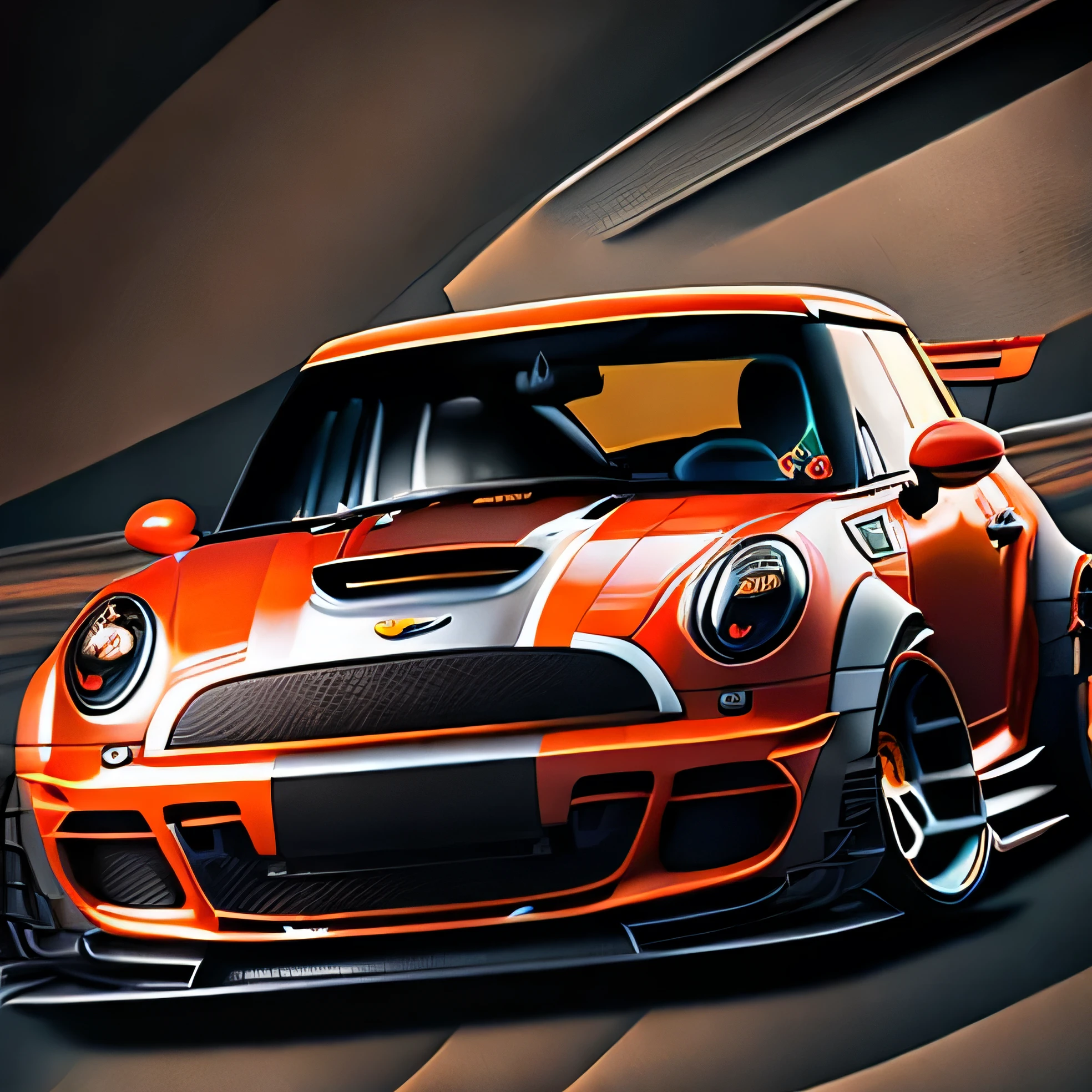 Artwork for t-shirt graphic design, bright orange coloured F56 Mini Cooper S in tunnel design, ((carbon fibre, Liberty walk ultra wide body kit)), aggressive stance ((background: racetrack, outside old industrial style building, large windows in background, overcast sky, heavy industrial look, cobble stone street)), 8K quality, realistic, realism, sharp, detailed, ultrawide, black and carbon fibre and deep candy orange colour scheme, front profile, epic stance, epic ultra wide body kit, super low stance, aggressive looks , street, background vintage pastel tone, highly detailed clean, vector image, realistic masterpiece, professional photography, realistic car, car sunrise background, flat black background, isometric, vibrant vector