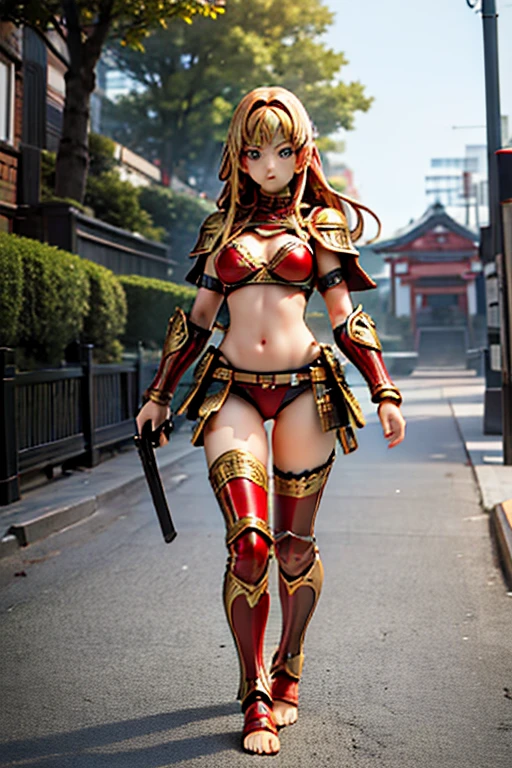 whole body，toes，Real raw photos, Mithril，red，Black，Intricate details，Combat Ready，armor，Bikini Armor，armorパンツ，Realistic photos, Intricate details, Ultra-detailed, Fine skin, Matte skin，cute，18-year-old，Young Japanese Woman，Realistic, 8K, Golden Ratio,