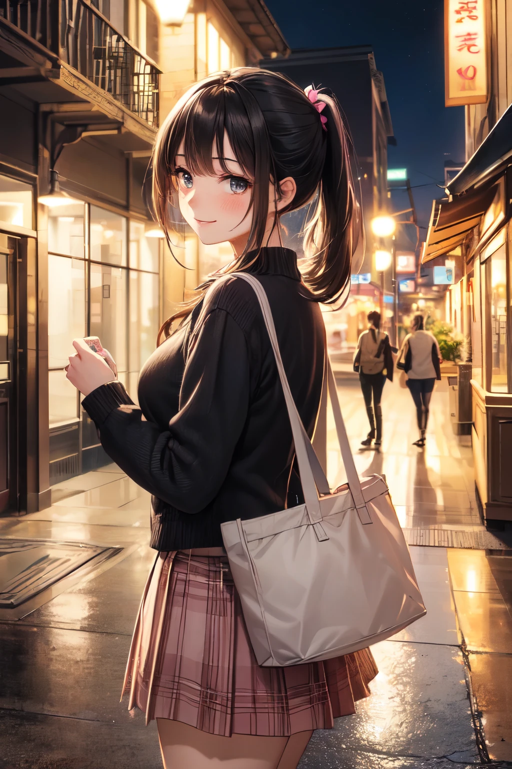 very cute and beautiful girl,(highly detailed beautiful face and eyes),
(smile),blush,embarrassed,looking at viewer,(argyle pattern sweater),cowboy shot,(white and pink plaid skirt),
standing in front of hotel entrance in modern capital city,night,holding tote bag,black hair,low ponytail,
(best quality,masterpiece),absurdres,highres,ultra-detailed,extremely detailed,32k,8k resolution,
intricate details,cinematic scene,detailed background,solo,dynamic angle,realistic,