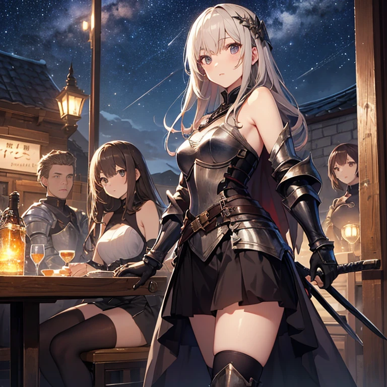 A group of young female knight, (in tavern), various hair styles, harem, wearing armored clothes, metal armor, night, details face, , short skirt, seducing, sword, sleeveless , night, starry night