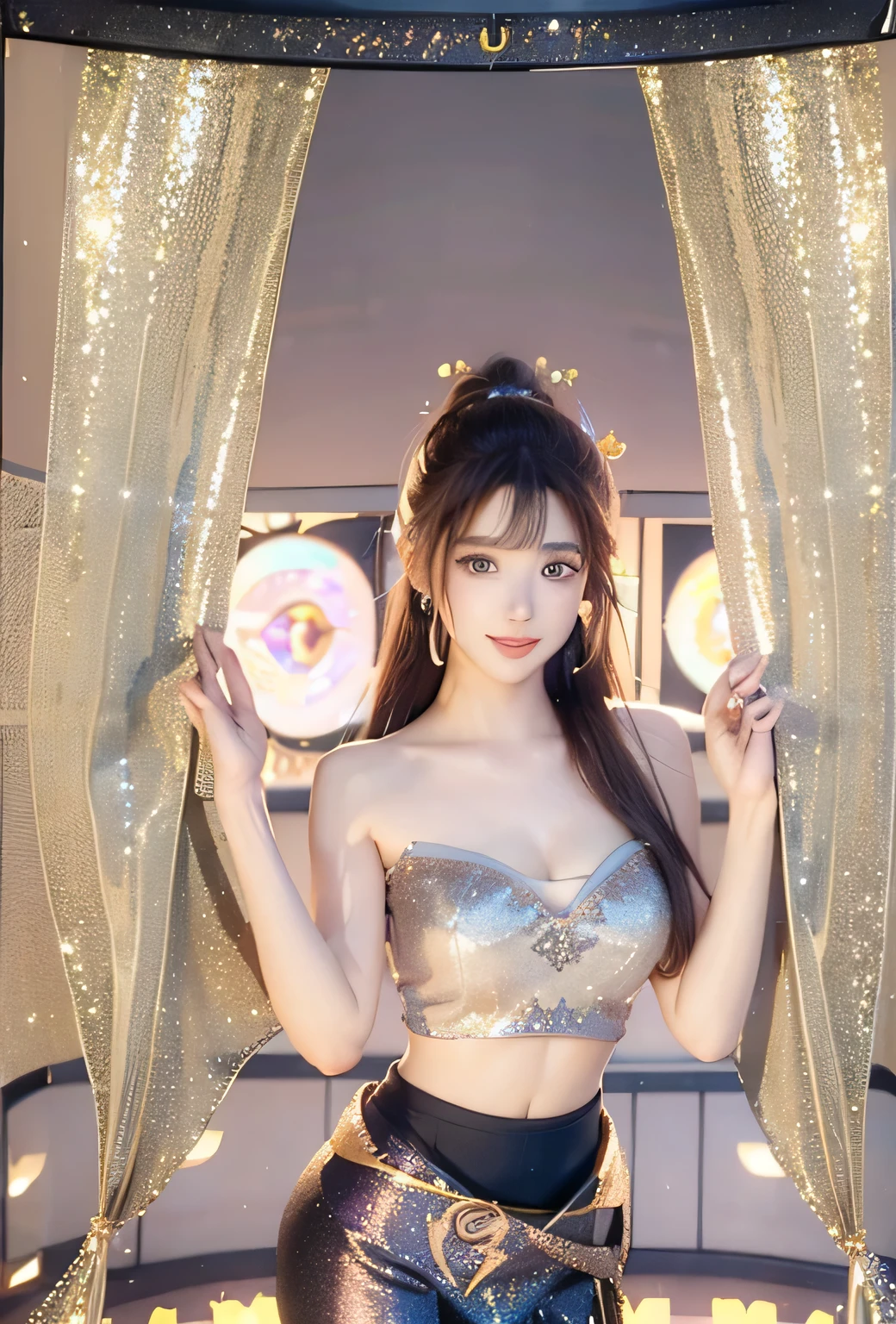 An innocent 20-year-old girl, (glitter tube Top:1.4), (Pencil Skirt:1.4), (Dramatic Pose),smile, (High Ponytail),natural Park、RAW Photos, (8k, highest quality, masterpiece:1.2), (Intricate details:1.4)、(Photorealistic:1.4), Octane Rendering, Complex 3D rendering with ultra-detail, Studio Soft Light, Rim Light, Vivid details, Super Detail, Realistic skin texture, Detailed aspect, Beautiful details in the eyes, Highly detailed CG Unity 16k wallpaper, compensate, (Detailed Background:1.2), Glowing Skin, whole body, ((thin legs)), small waist, Cleavage, (looking at viewer:3.0)