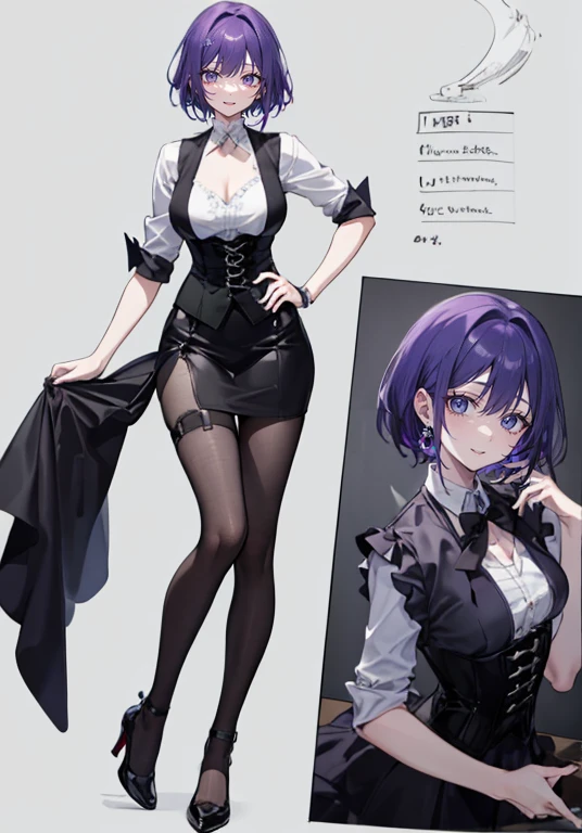 Purple hair,Short hair,Adult female,Bartender,((Body harness)),(black vest),((Rolling up your sleeves shirt)),(Corset),High heels,((Simple background)),Smile,((Full body)),((whole body)),Character Sheet,